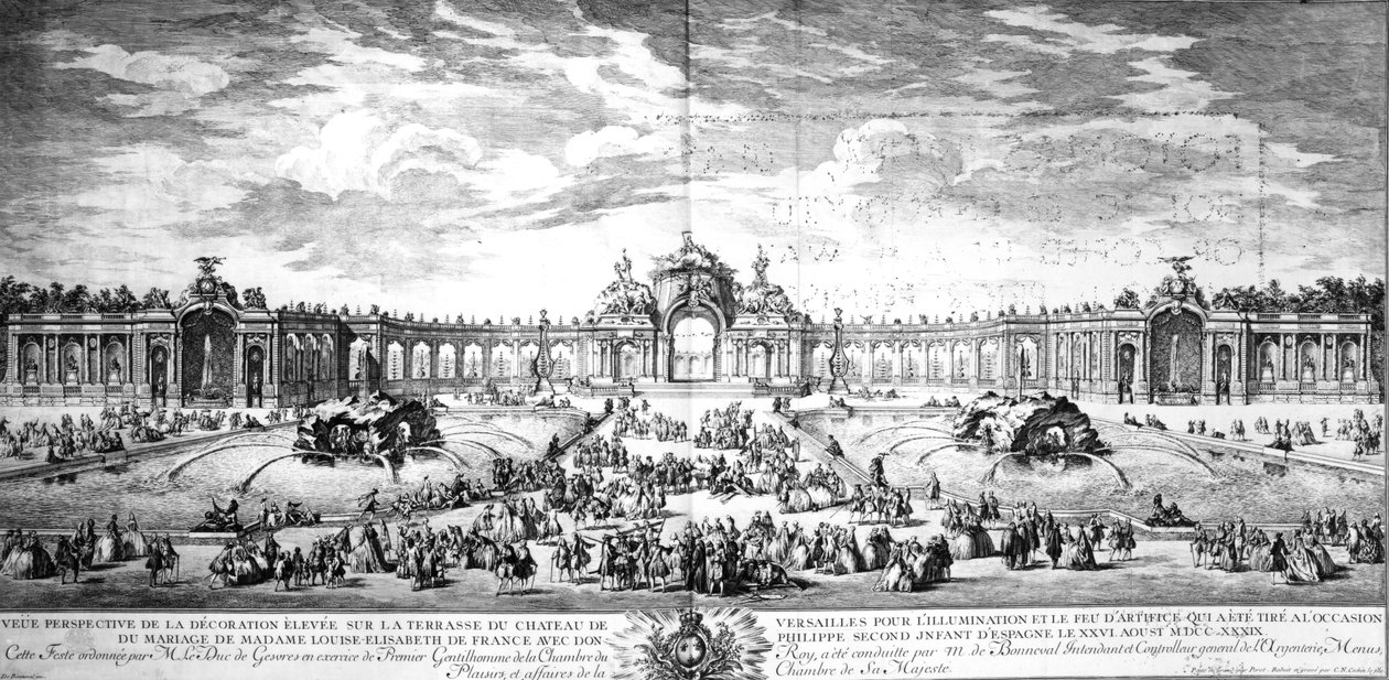 Perspektiv udsigt over terrassen i Versailles i anledning af ægteskabet mellem Louise Elisabeth af Frankrig og Philip af Spanien i 1739, indgraveret af Charles Nicolas Cochin fils, 1741 af Charles Nicolas II Cochin