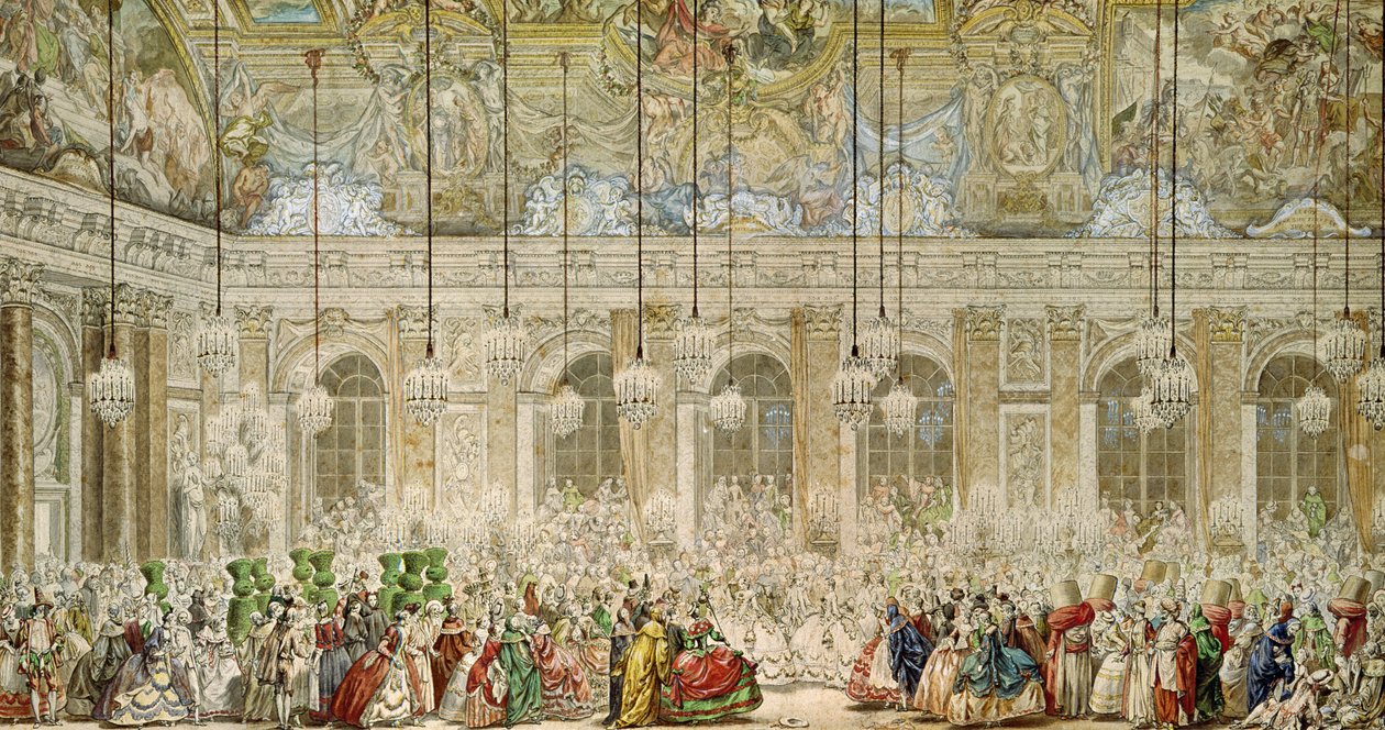 Maskebal i Galerie des Glaces, 17. februar 1745 (pen og blæk og wc på papir) af Charles Nicolas II Cochin