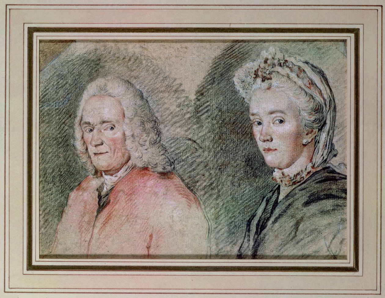 Voltaire (Francois Marie Arouet de Voltaire 1694-1778) og Madame Denis (Marie-Louise Mignot Denis 1712-90), ca.1758-70 (blyant på papir) af Charles Nicolas II Cochin