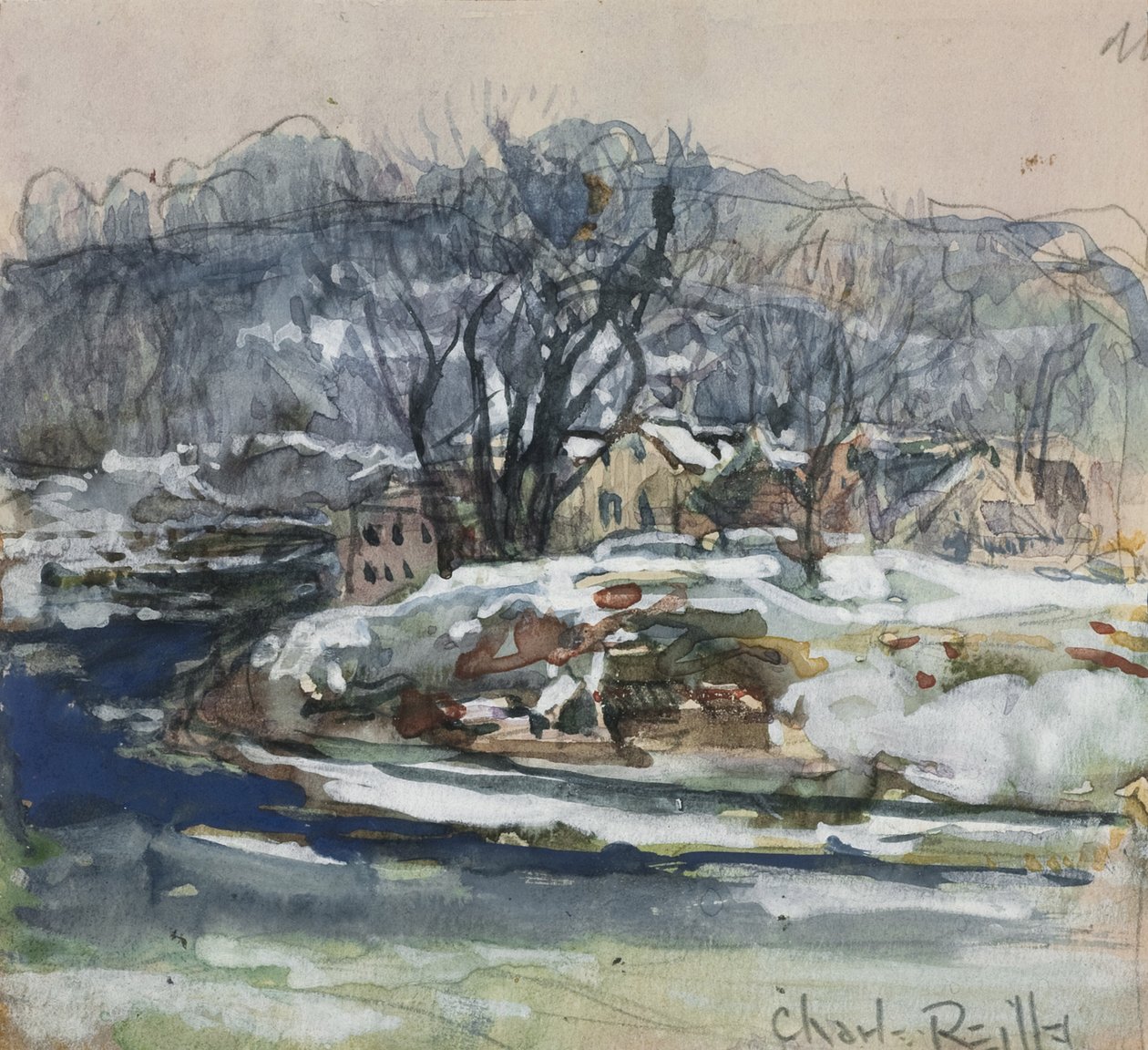 Vinterlandskab (wc og gouache på papir) af Charles P. Reiffel
