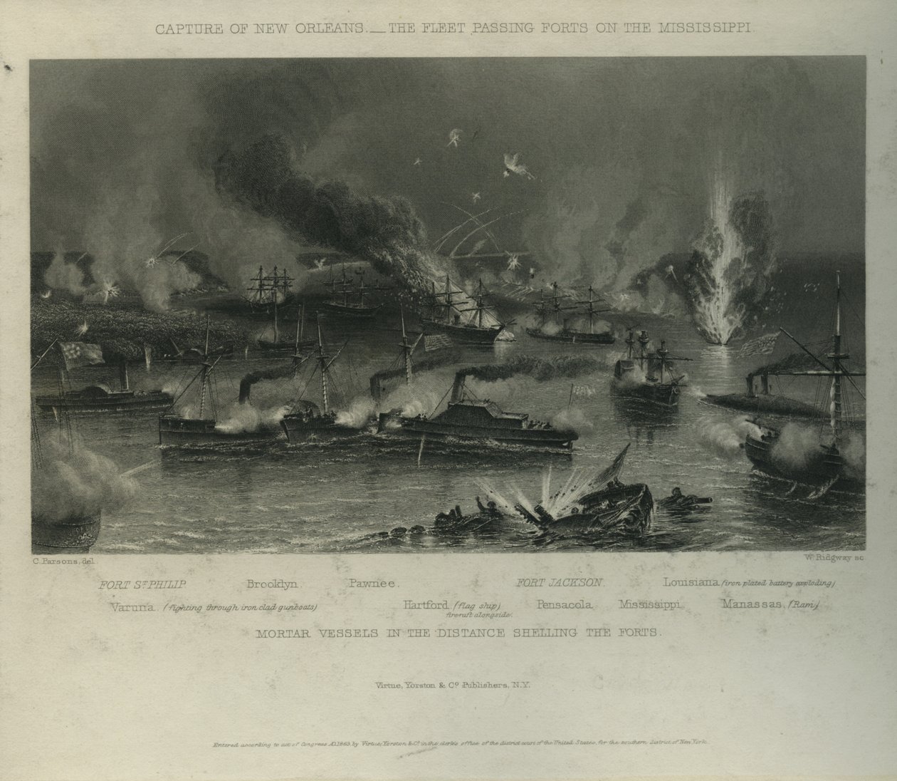 Indtagelse af New Orleans: Flåden passerer fort på Mississippi, ca. 1862 af Charles Parsons