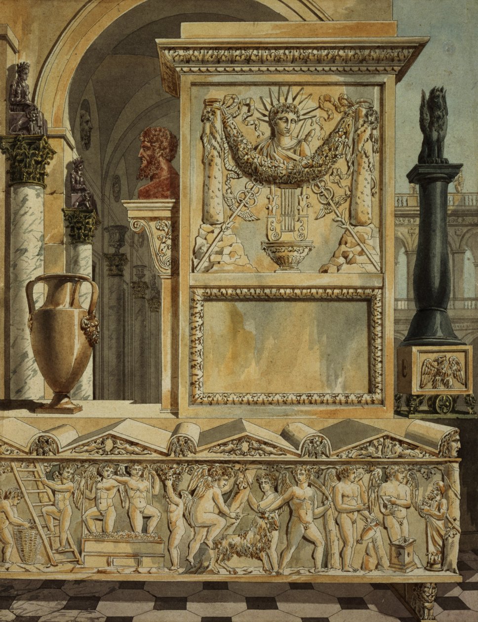 En klassisk Capriccio med en sarkofag, design til en titelside fra 