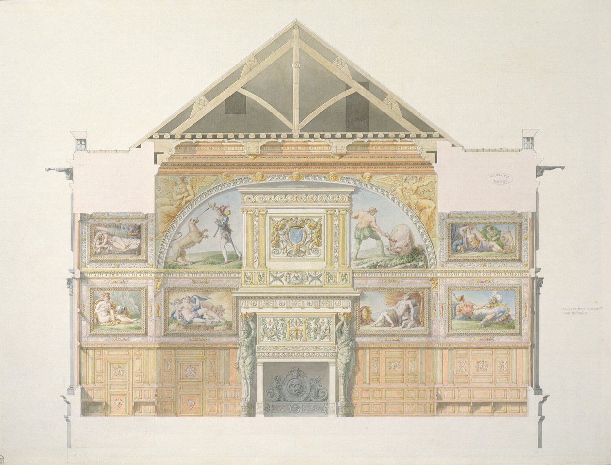 Ms 1014 Elevation af balsalen i Fontainebleau, tallerken fra et album (wc og blyant på papir) af Charles Percier