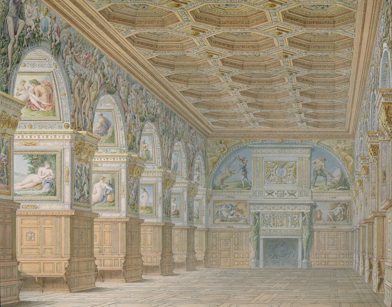 Ms 1014 Ballsalen i Fontainebleau, plade fra et album (wc und blyant på papir) af Charles Percier