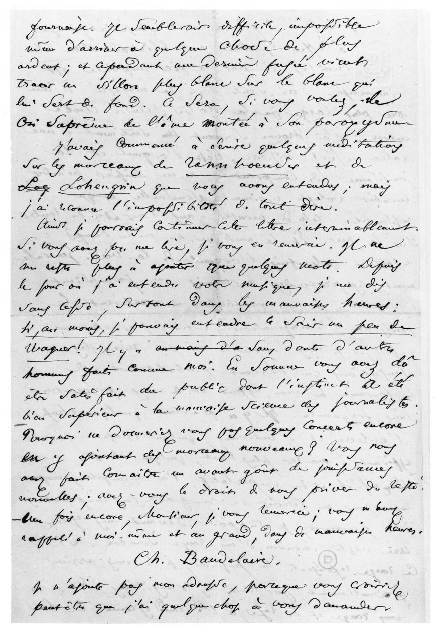 Brev til Richard Wagner (1813-83) 17. februar 1860 (pen og blæk på papir) af Charles Pierre Baudelaire