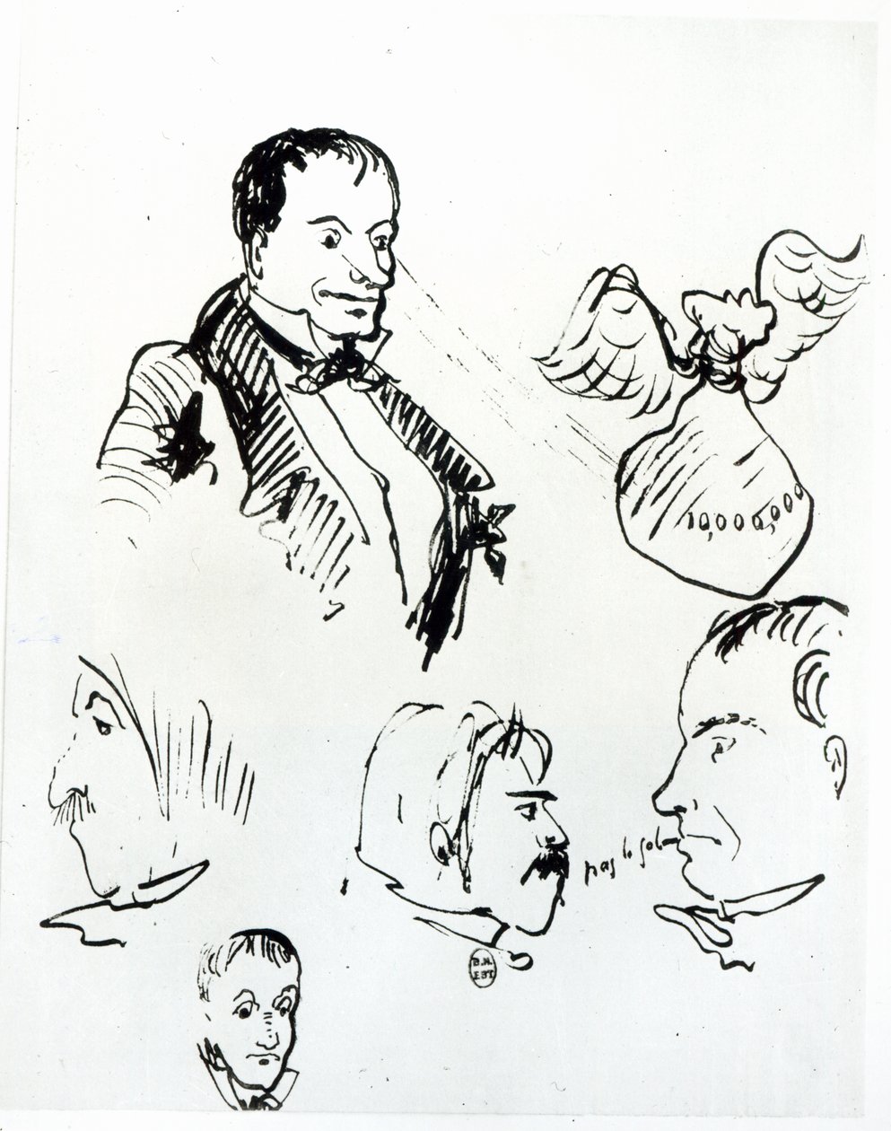 Tre selvportrætter og profiler af Jules Champfleury (1821-89) og Charles Asselineau (1820-74) ca. 1857-58 af Charles Pierre Baudelaire