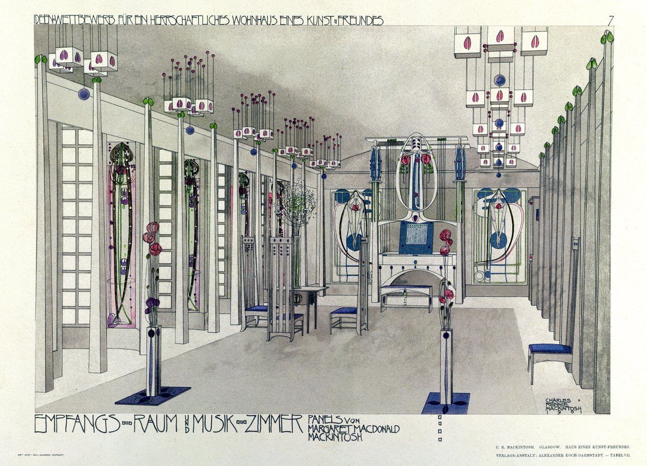 Design til et musiklokale med paneler af Margaret Macdonald Mackintosh (1865-1933) 1901 af Charles Rennie Mackintosh
