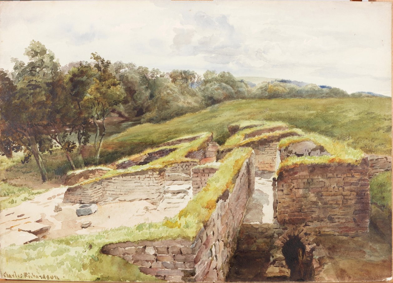 Chesters, Bath-House from the North (farve, blyant og wc på papir) af Charles Richardson