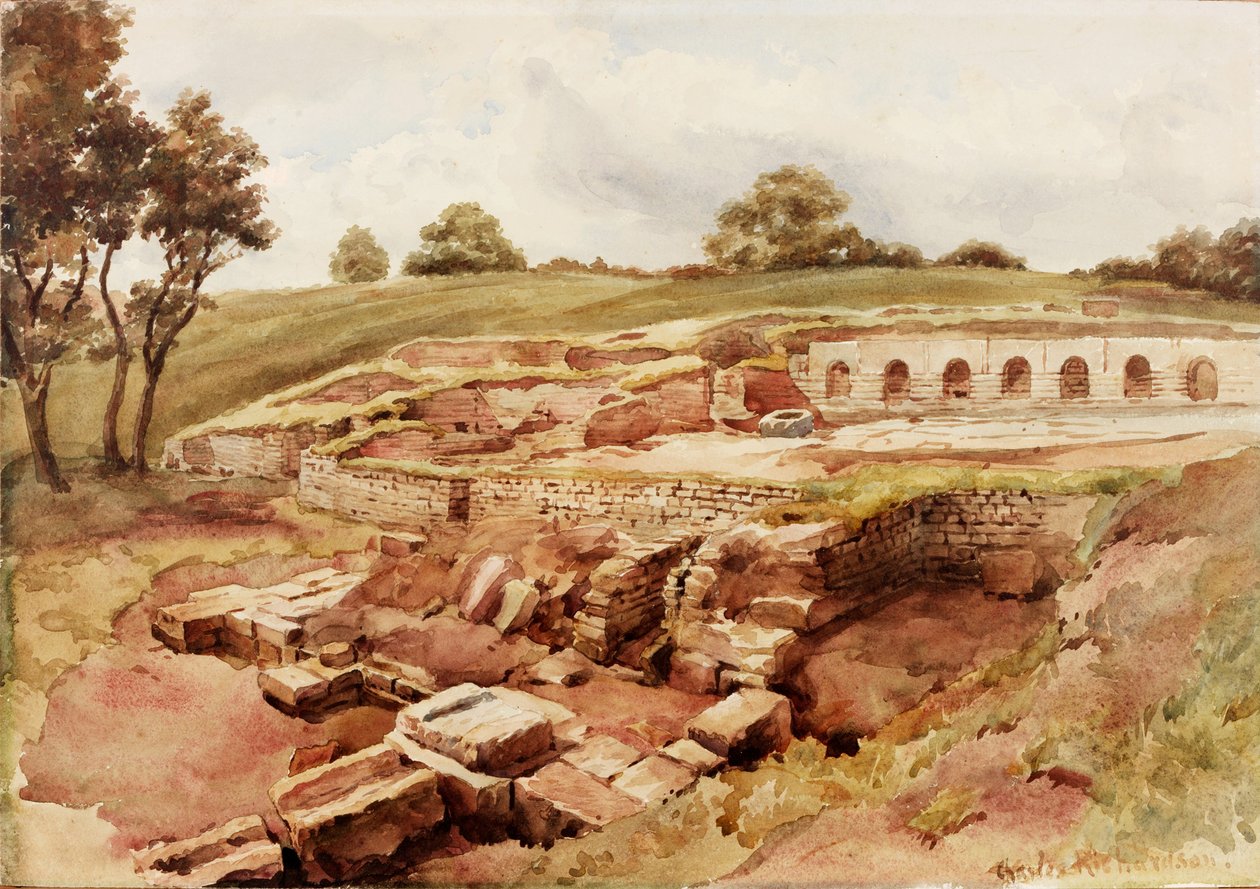 The Roman Baths, Chesters, North Tyne (North View) (kropsfarve, blyant og wc på papir) af Charles Richardson