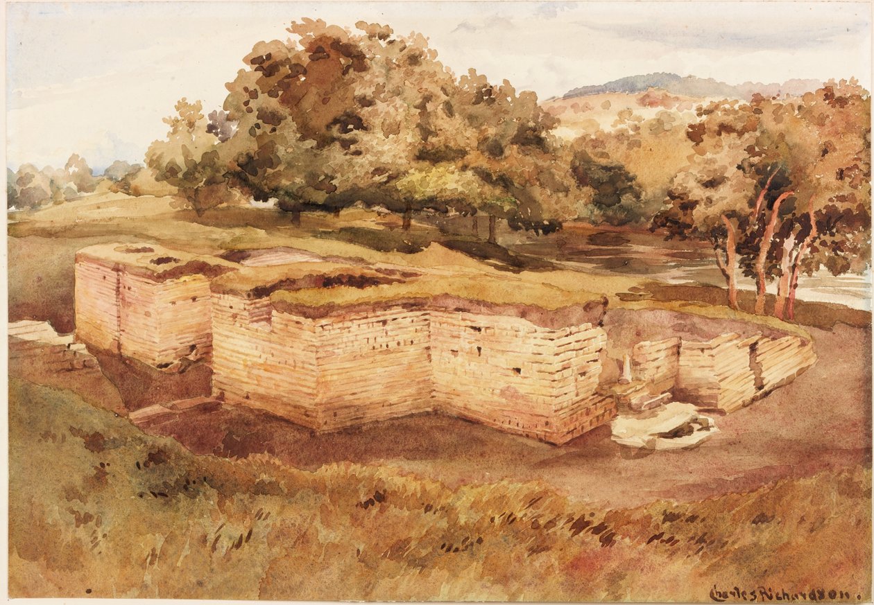 De romerske bade, Chesters, North Tyne (vestvendt udsigt) (farve på papir) af Charles Richardson