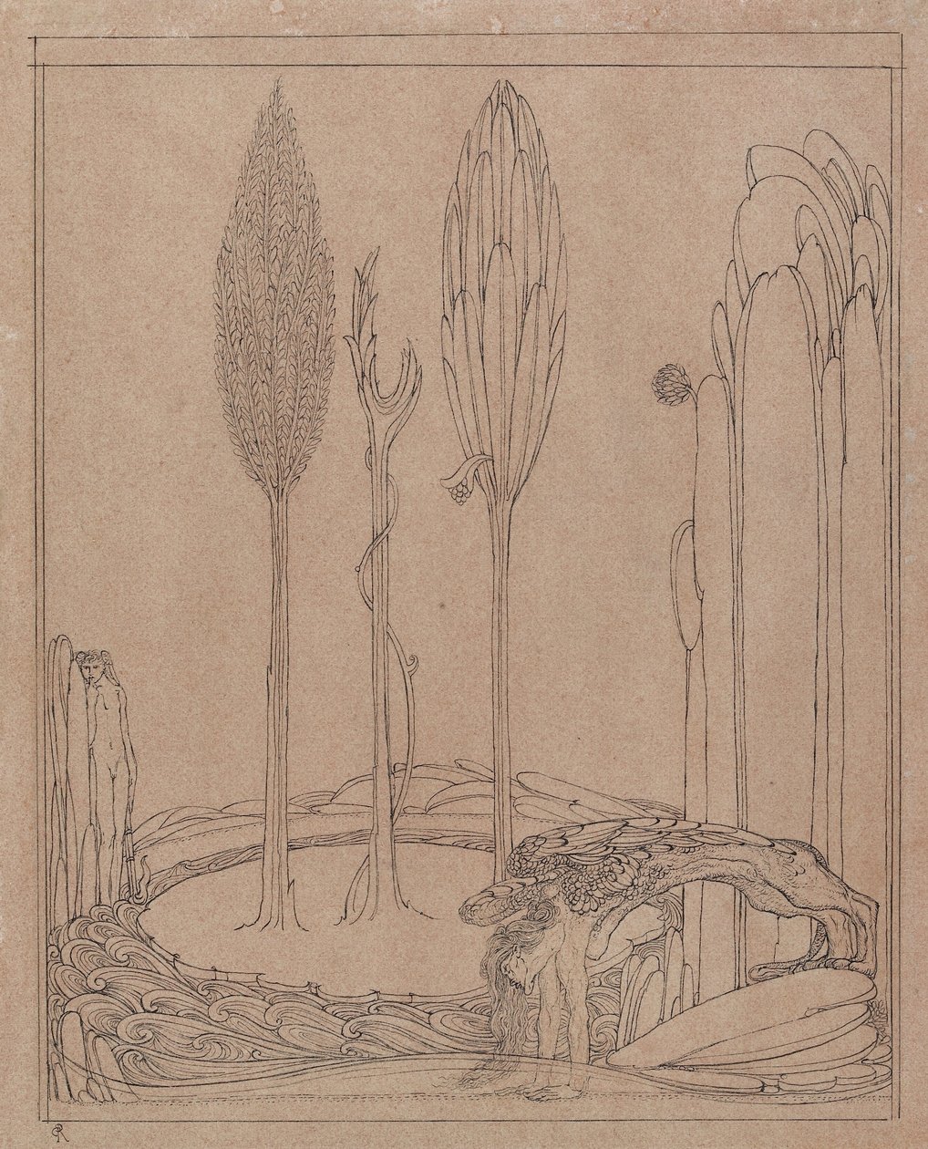 Crouching by the Marge (pen og sort blæk på pink papir) af Charles Ricketts
