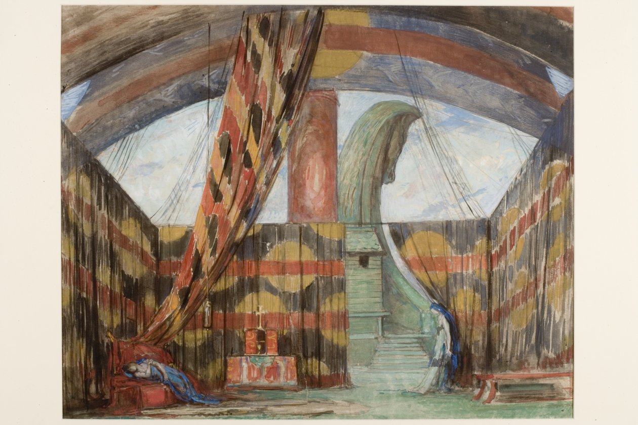 scenedesign til The Bride of Dionysus (blyant og gouache på papir) af Charles Ricketts