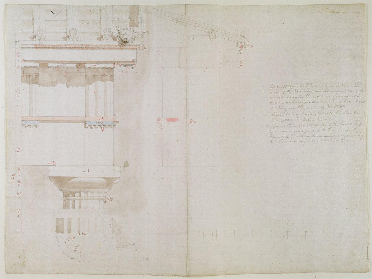 En samling af originale tegninger til templer i Bassac: Elevation and Partial Structure of Roof of the Temples of Jupiter Panhellenius at Aegina, 1860 (vask, wc og grafit på papir) af Charles Robert Cockerell