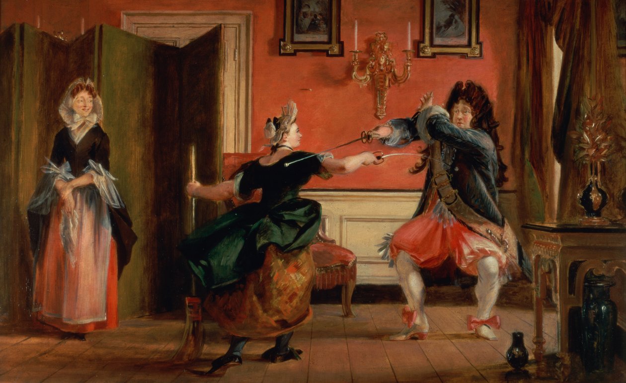 Jourdain hegner sin stuepige, Nicole med sin kone ser på. Scene fra 