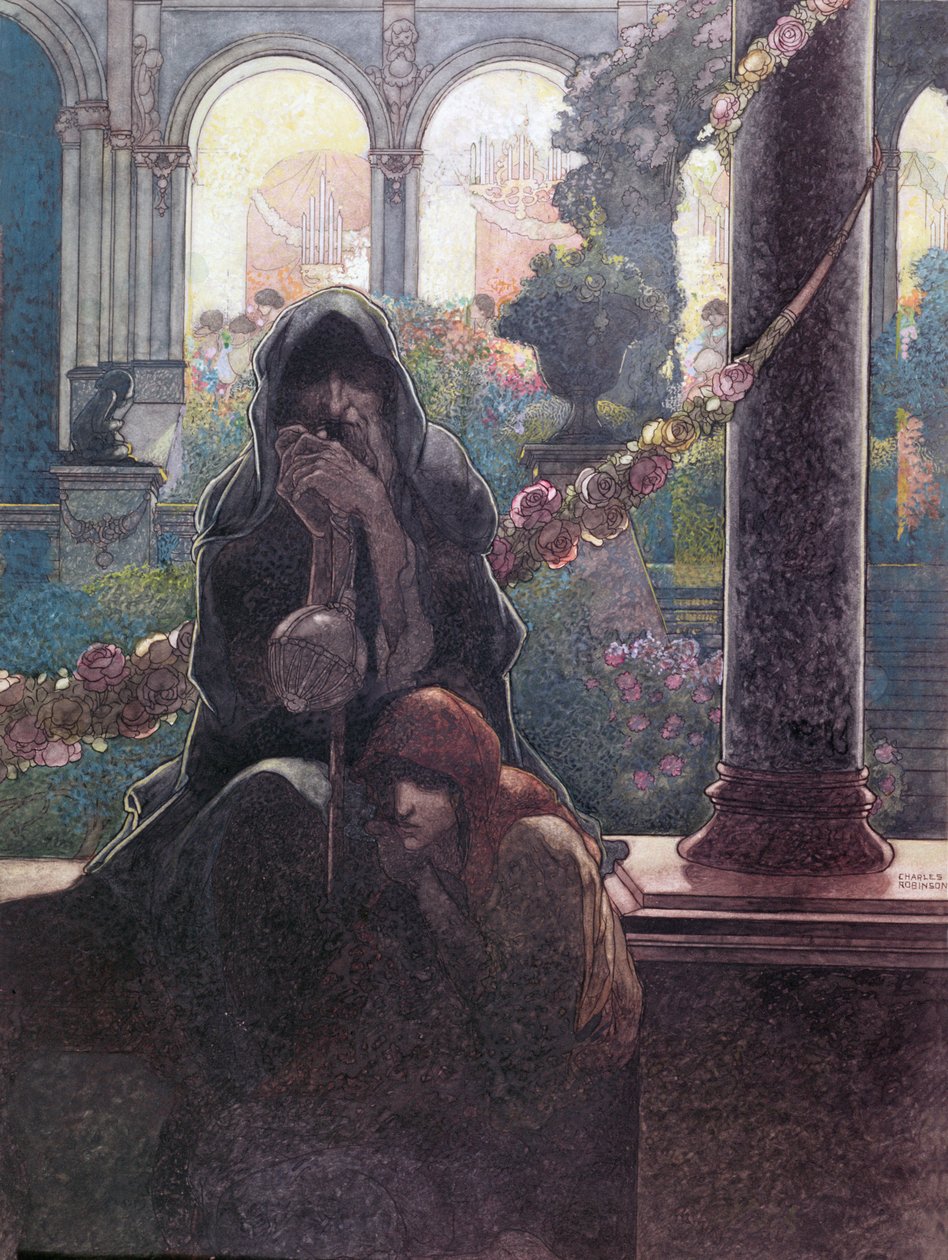 "De rige hyggede sig i deres smukke huse, mens tiggerne sad ved portene", 1913 af Charles Robinson
