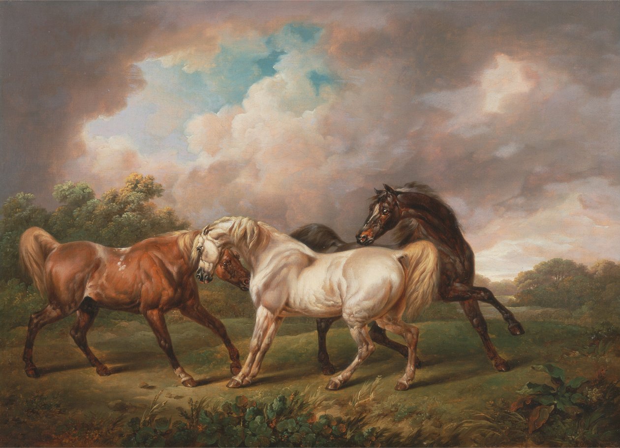 Tre heste i et stormfuldt landskab af Charles Towne