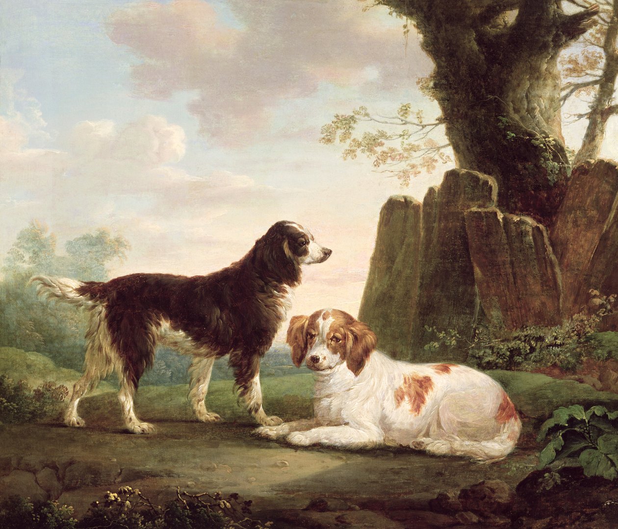 To spaniels i et landskab af Charles Towne