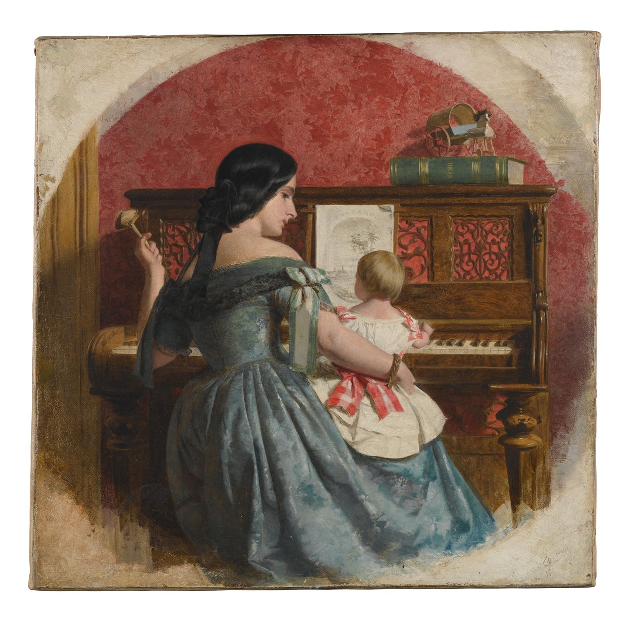Husinteriør med mor og barn siddende ved et klaver, ca. 1860 af Charles West Cope