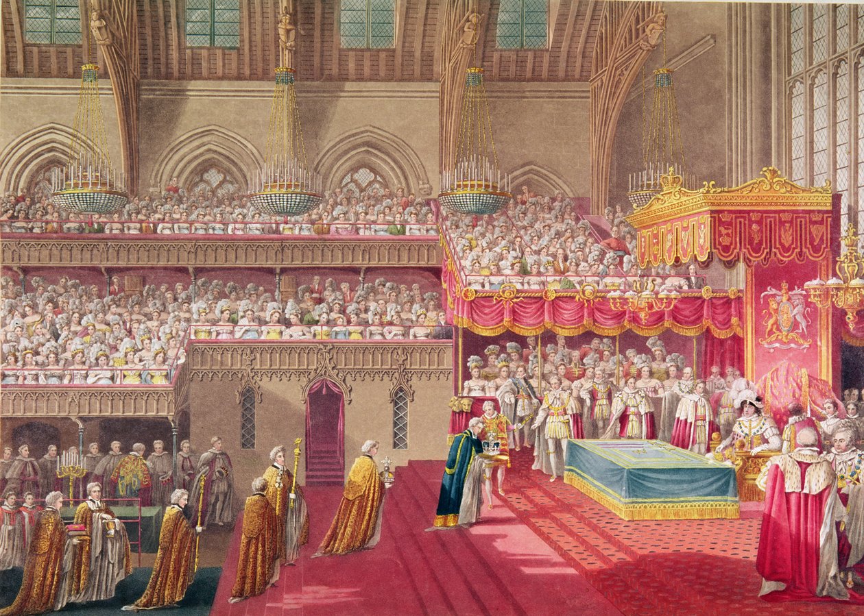 Procession af dekanen og præbendærerne i Westminster med regalierne, fra et album, der fejrer kroningen af kong George IV (1762-1830) 19. juli 1821, indgraveret af Matthew Dubourg (fl.1786- af Charles Wild
