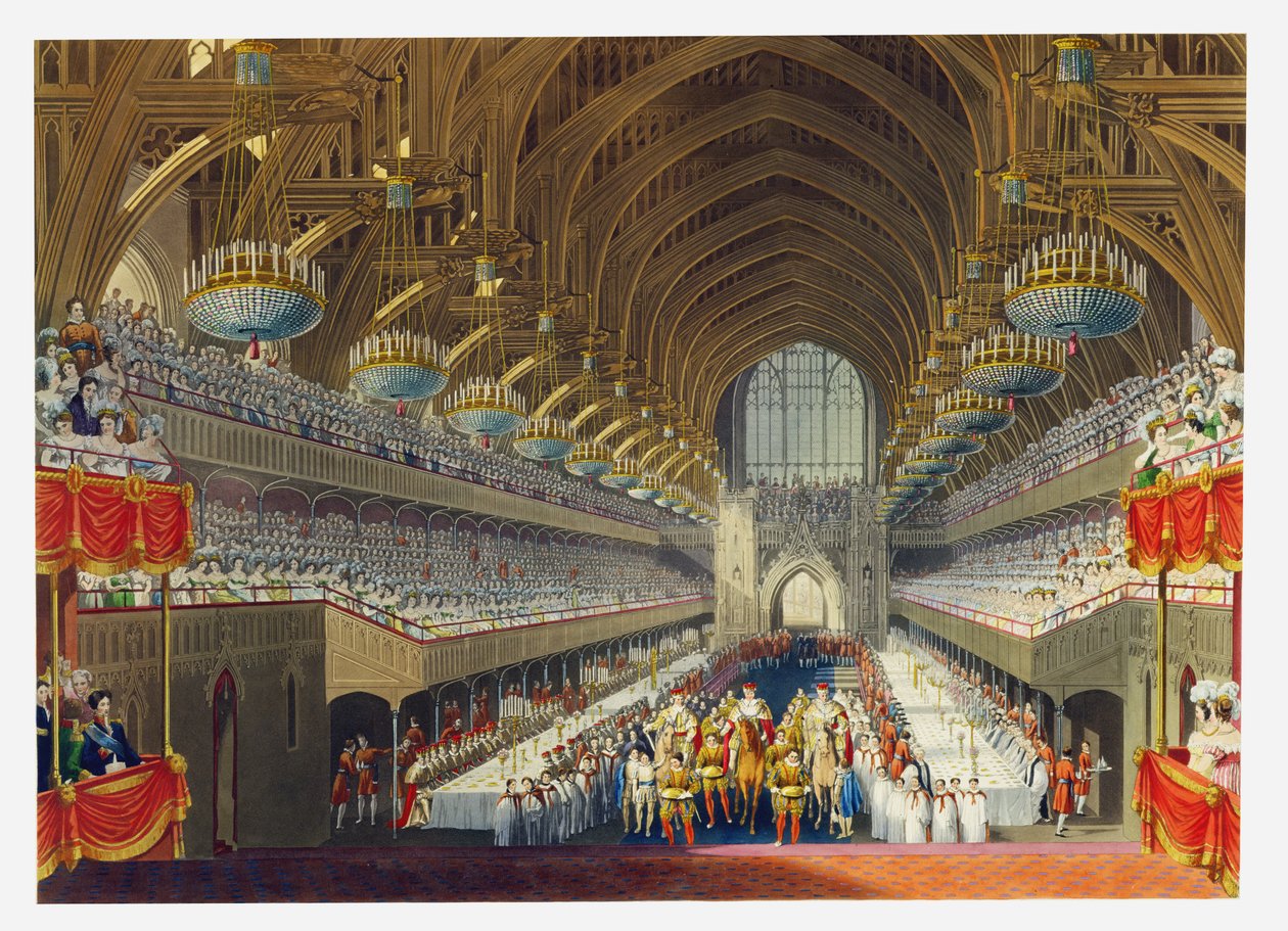 The Royal Banquet, First Course, fra et album, der fejrer kroningen af kong George IV (1762-1830) 19. juli 1821, indgraveret af William James Bennett (1787-1844) udgivet 1824 af Charles Wild
