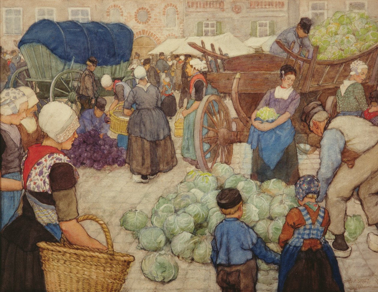 A Green Market, The Cabbage Sellers, 1900 (wc på papir) af Charles William Bartlett