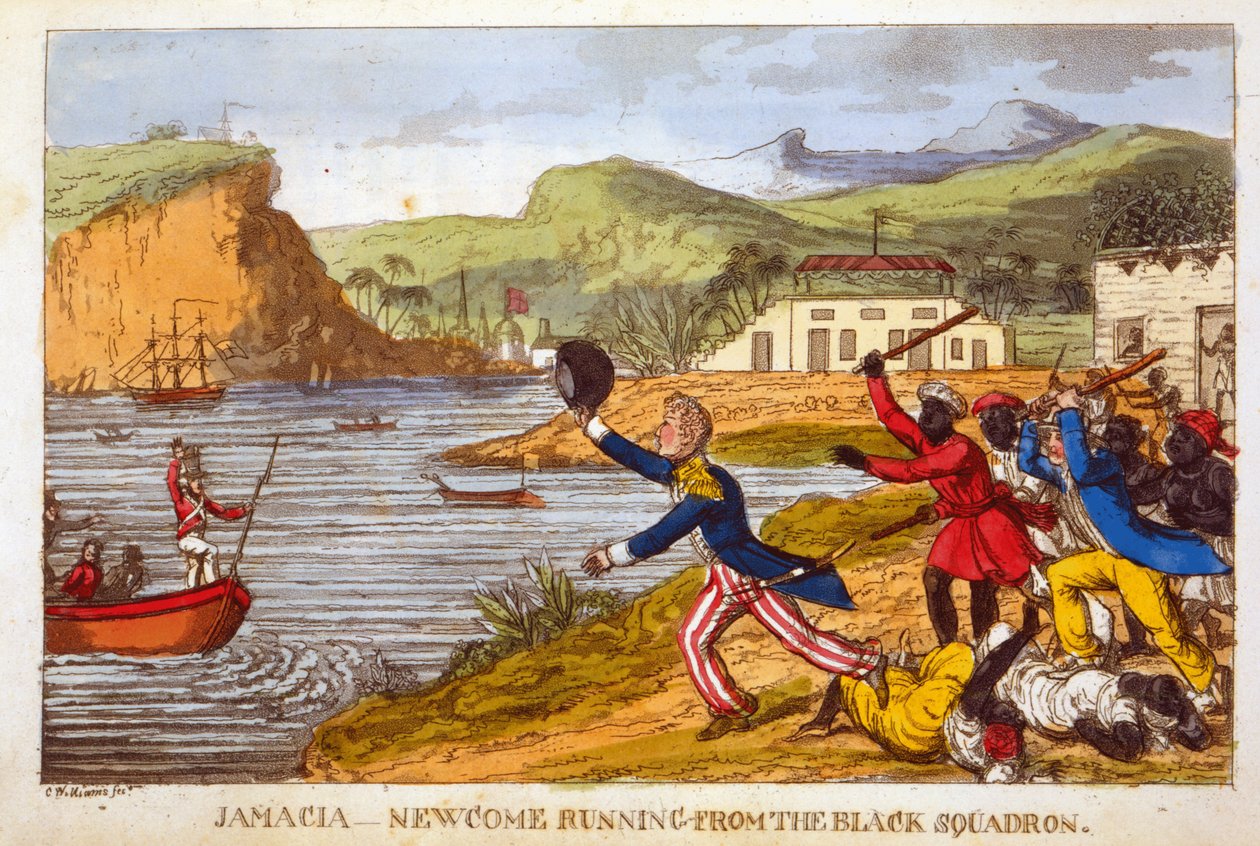 "Newcome på flugt fra den sorte eskadre", plade fra "The Adventures of Johnny Newcome in the Navy" af John Mitford (1782-1831) (farvet akvatint) af Charles Williams