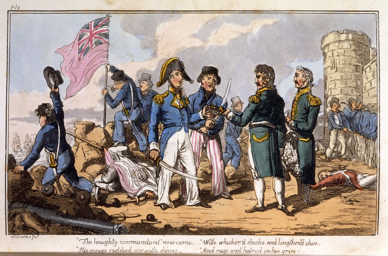 Den hovmodige kommandant kom nu ... fra The Adventures of a Post Captain, by a Naval Officer, pub. 1820 (håndkoloreret akvatint) af Charles Williams