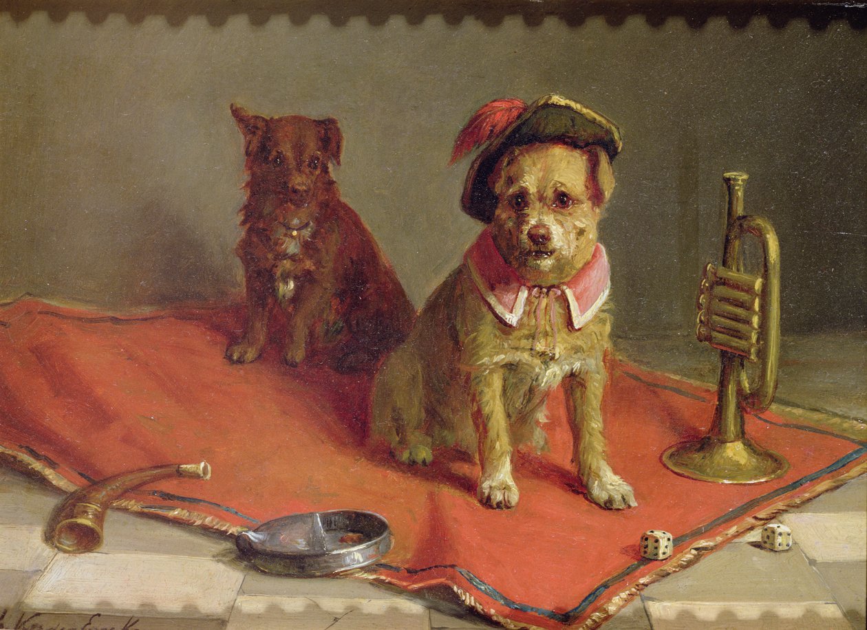 Hund i militær hat og halsbånd med trompet og terninger af Charles van den Eycken
