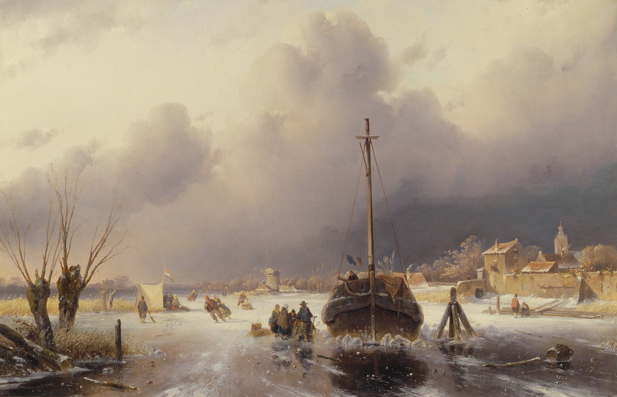 Frossen flod med en båd, 1800-tallet af Charles Henri Joseph Leickert