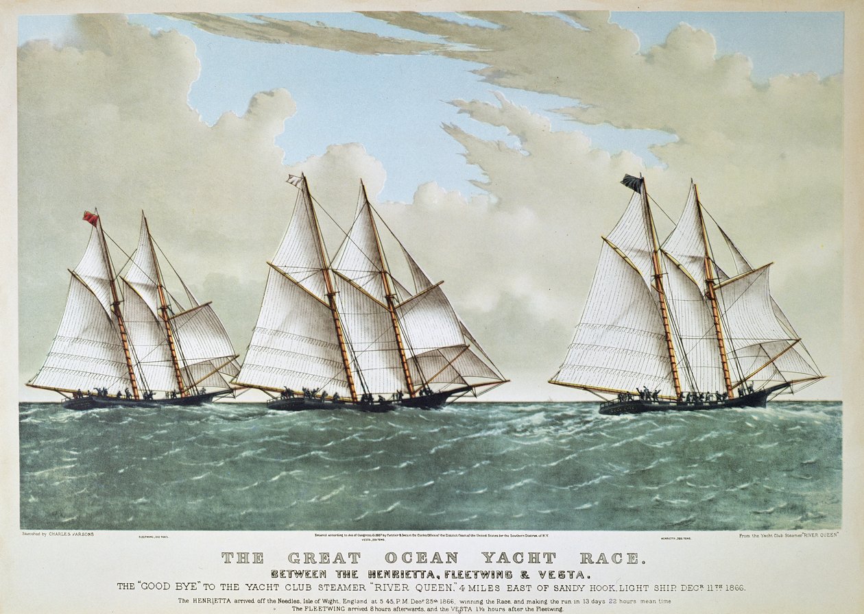 Great Ocean Yacht Race fra 1866 mellem Henrietta, Vesta & Fleetwing, udgivet af Currier & Ives af Charles (after) Parsons
