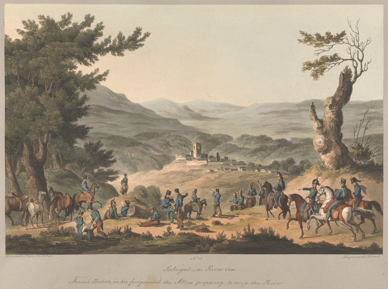 Nr.5. Sabugal ved floden Coa Franske strejker i forgrunden, de allierede, der forbereder sig på at krydse floden af Charles (after) Turner
