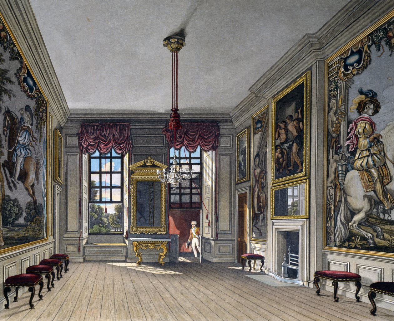 Audience Hall of Queen, Indgravering af William James Bennett (1787-1844), Baseret på design af Charles Wild (1781-1835), Fra The History of the Royal Residences af Charles (after) Wild