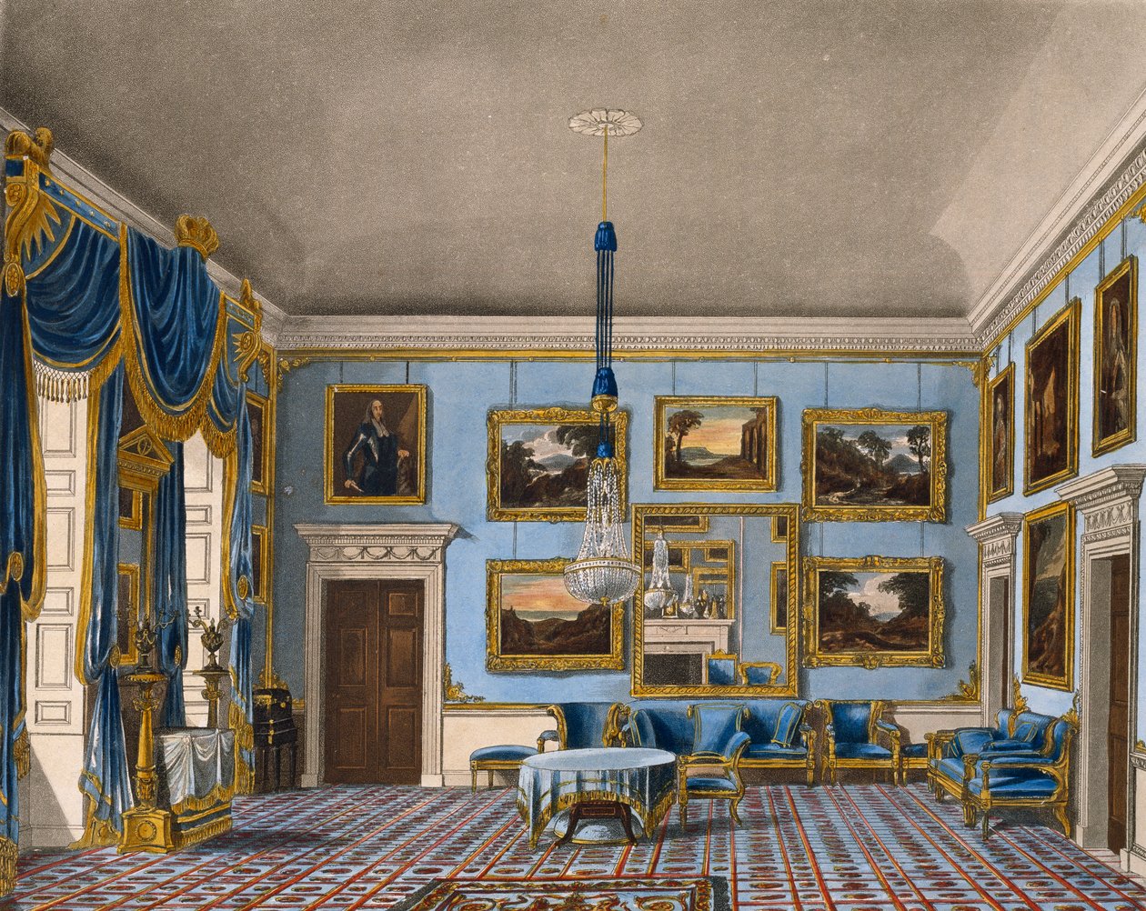 Blå fløjlssal, Indgravering af Daniel Havell (1785-1826), Baseret på design af Charles Wild (1781-1835), Fra The History of the Royal Residences af Charles (after) Wild