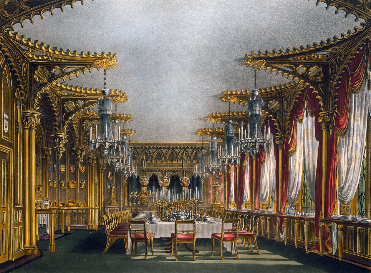 Gotisk spisestue, Indgravering af Thomas Sutherland (1785-1838), Baseret på design af Charles Wild (1781-1835), Fra The History of the Royal Residences af Charles (after) Wild