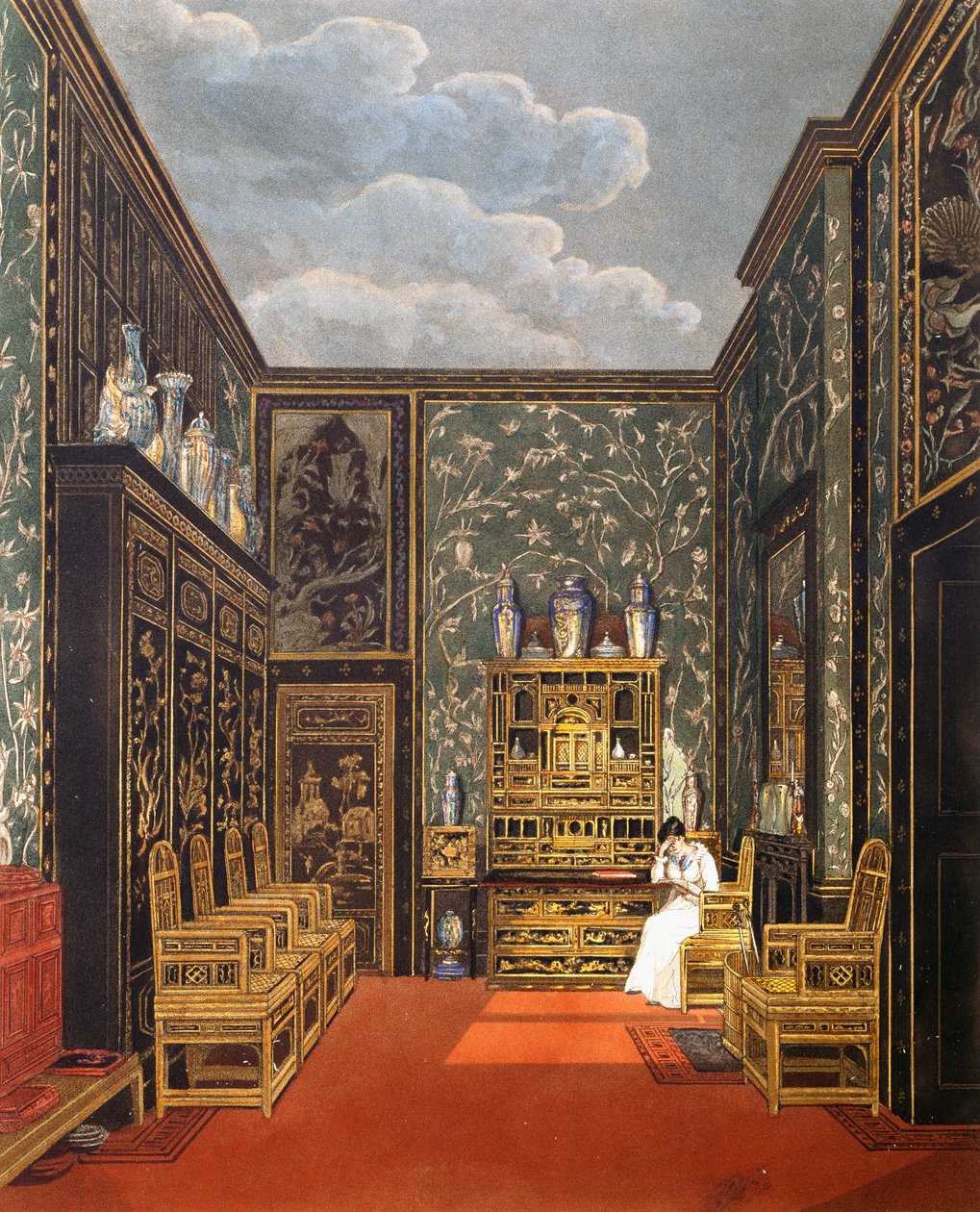 Grønt tilbagetrækningsrum, Indgravering af William James Bennett (1787-1844), Baseret på design af Charles Wild (1781-1835), Fra The History of the Royal Residences af Charles (after) Wild