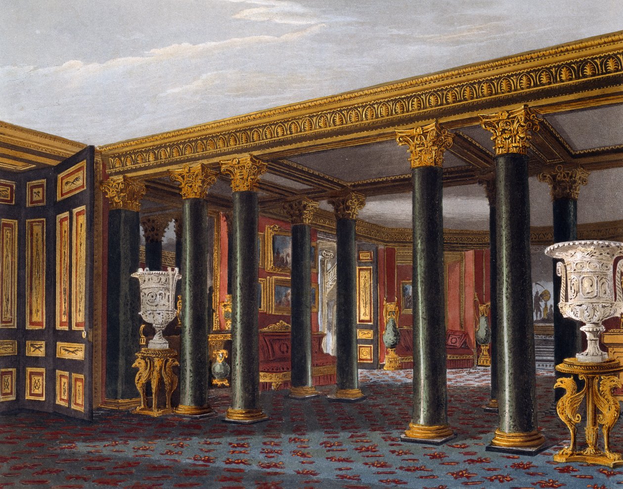 Nedre vestibule, gravering af Richard Reeve (født i 1780), baseret på design af Charles Wild (1781-1835), fra The History of the Royal Residences af Charles (after) Wild