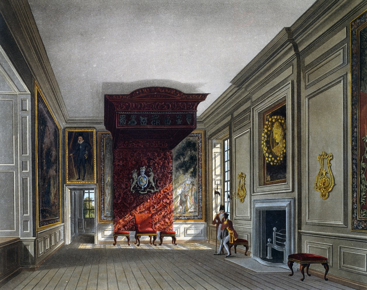 Kings mødelokale, gravering af Thomas Sutherland (1785-1838), baseret på design af Charles Wild (1781-1835), fra The History of the Royal Residences af Charles (after) Wild