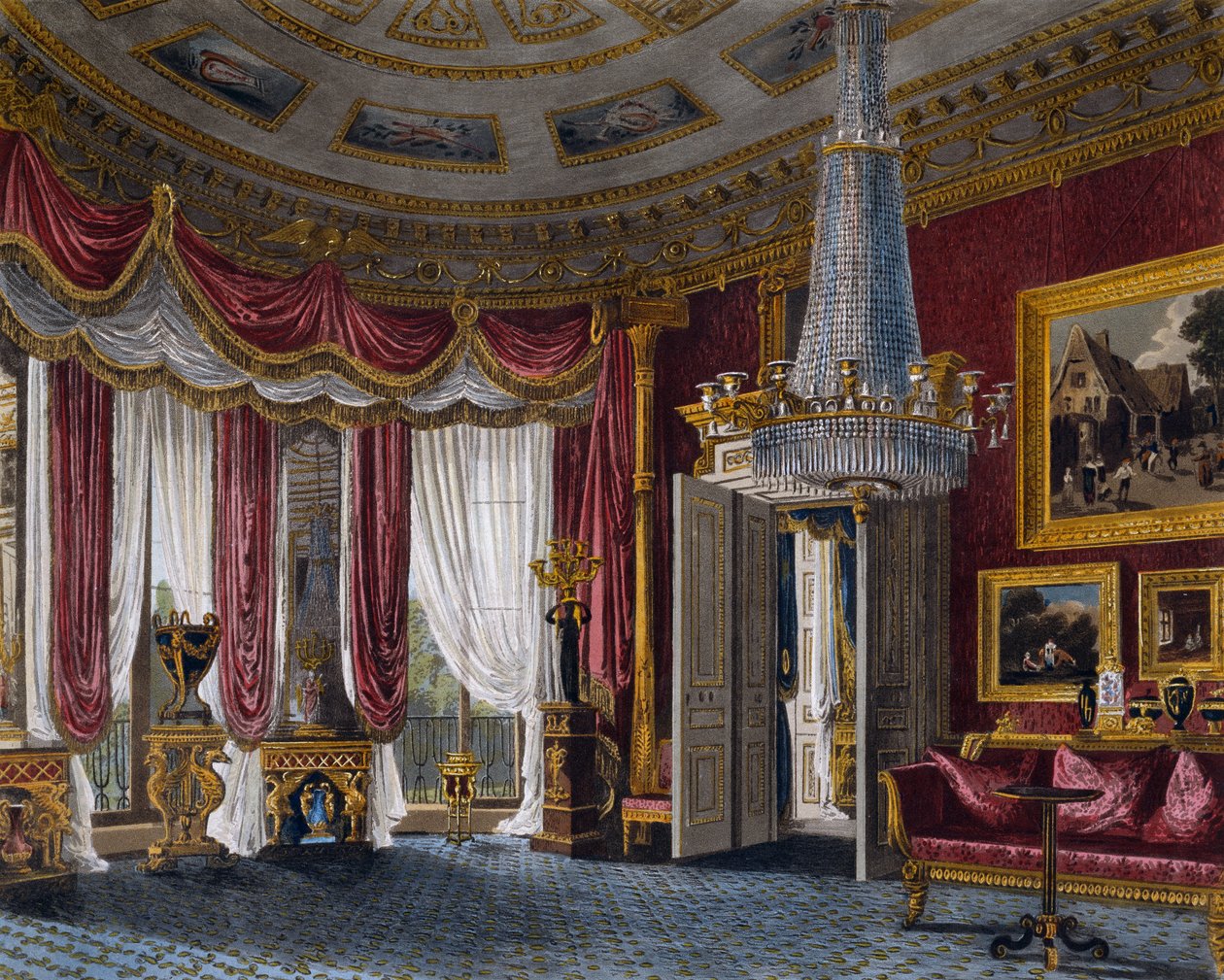 Lyserød satinstue, gravering af Richard Reeve (født i 1780), baseret på design af Charles Wild (1781-1835), fra The History of the Royal Residences af Charles (after) Wild