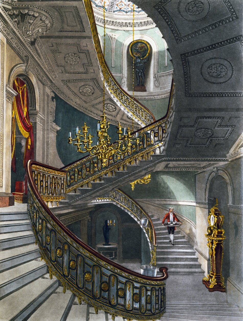 Trappe, Indgravering af Richard Reeve efter tegning af Charles Wild, Fra The History of the Royal Residences af Charles (after) Wild