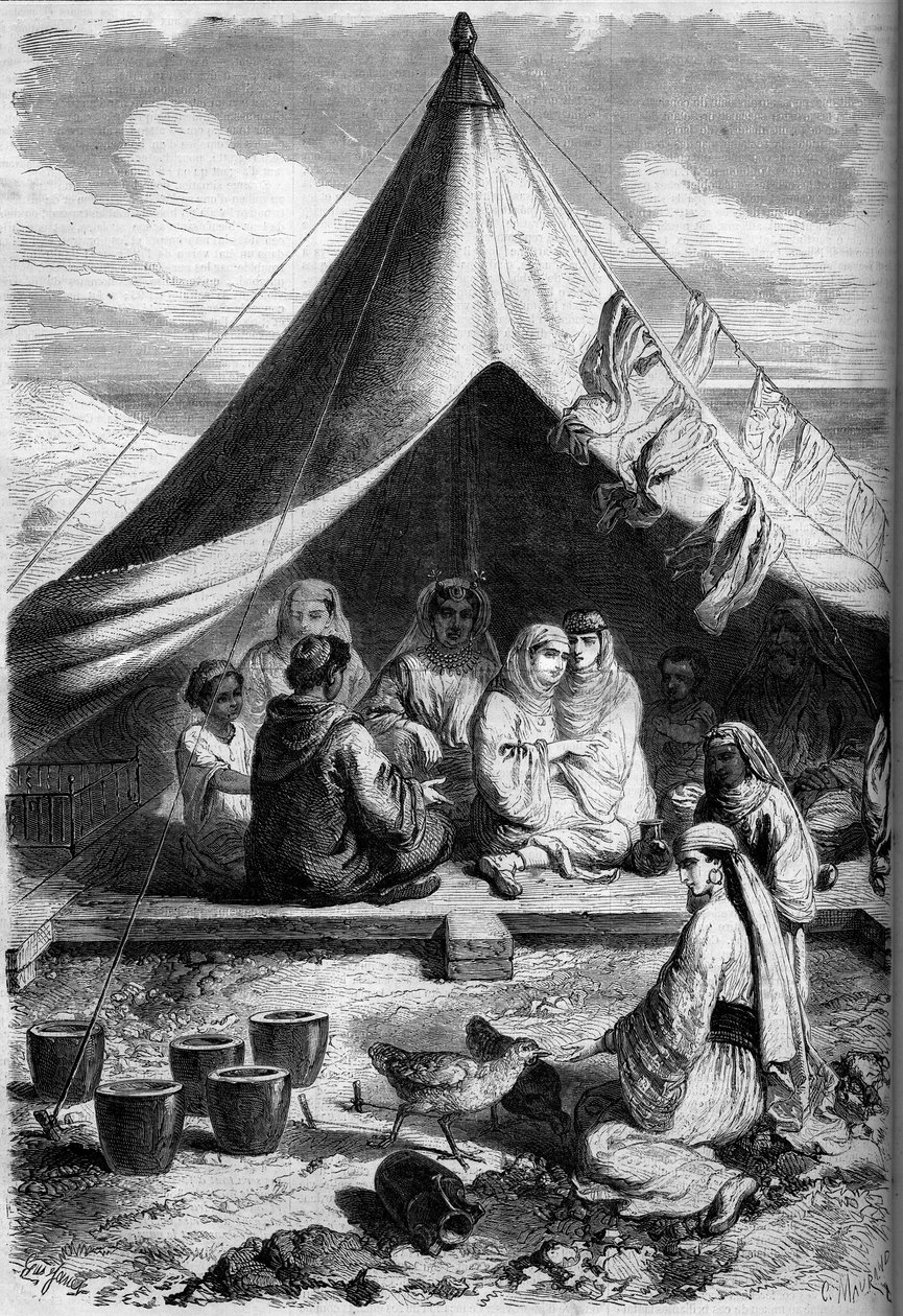 Jødisk familie fra Marokko flygtede på Gibraltar-kysten i 1860. Ifølge Mr. Yriartes skitse. Indgravering i "" Le Monde Illustré"" nr. 146 af 28. januar 1860. af Charles (after) Yriarte