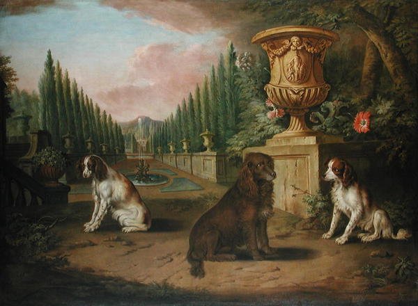 Tre spaniels i en formel have, ca. 1730 (olie på lærred) af Charles (and Studio) Collins