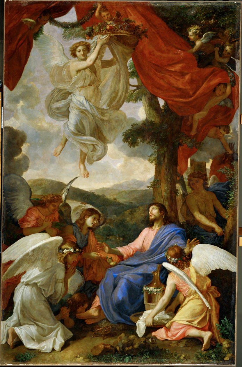 Le Christ au desert servi par les anges - Kristus i ørkenen, tjent af engle ... af Charles (attr. to) Le Brun