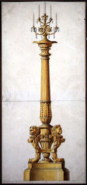 Design til en neo-klassisk kandelaber, ca. 1820 (pen & blæk med akvarel på papir) af Charles (attr. to) Percier