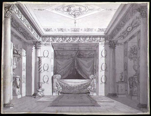 Design til et Empire Bedroom, ca. 1810 (pen & blæk og akvarel på papir) af Charles (attr. to) Percier