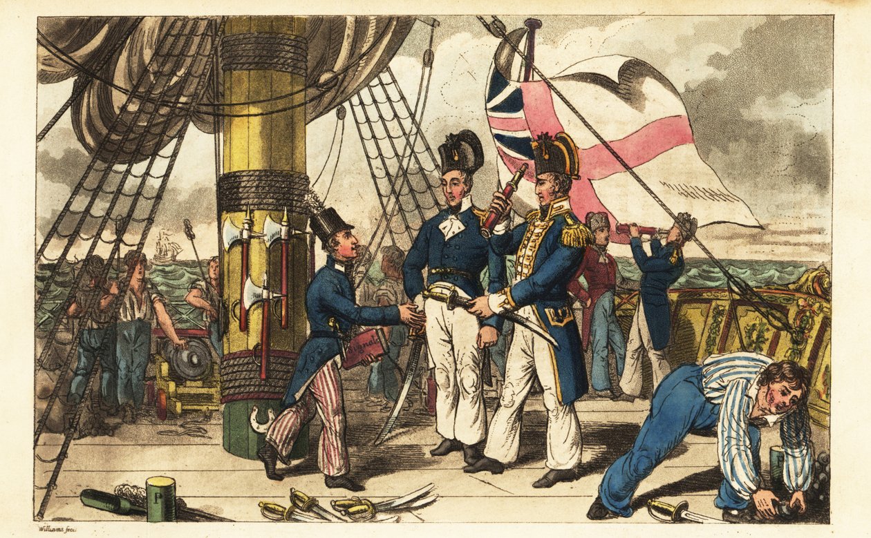 Kaptajn Spring gør Midshipman Newcome til sin medhjælper og rækker ham sit sværd på kvartdækket af HMS Victory af Charles (c.1797 1850) (after) Williams