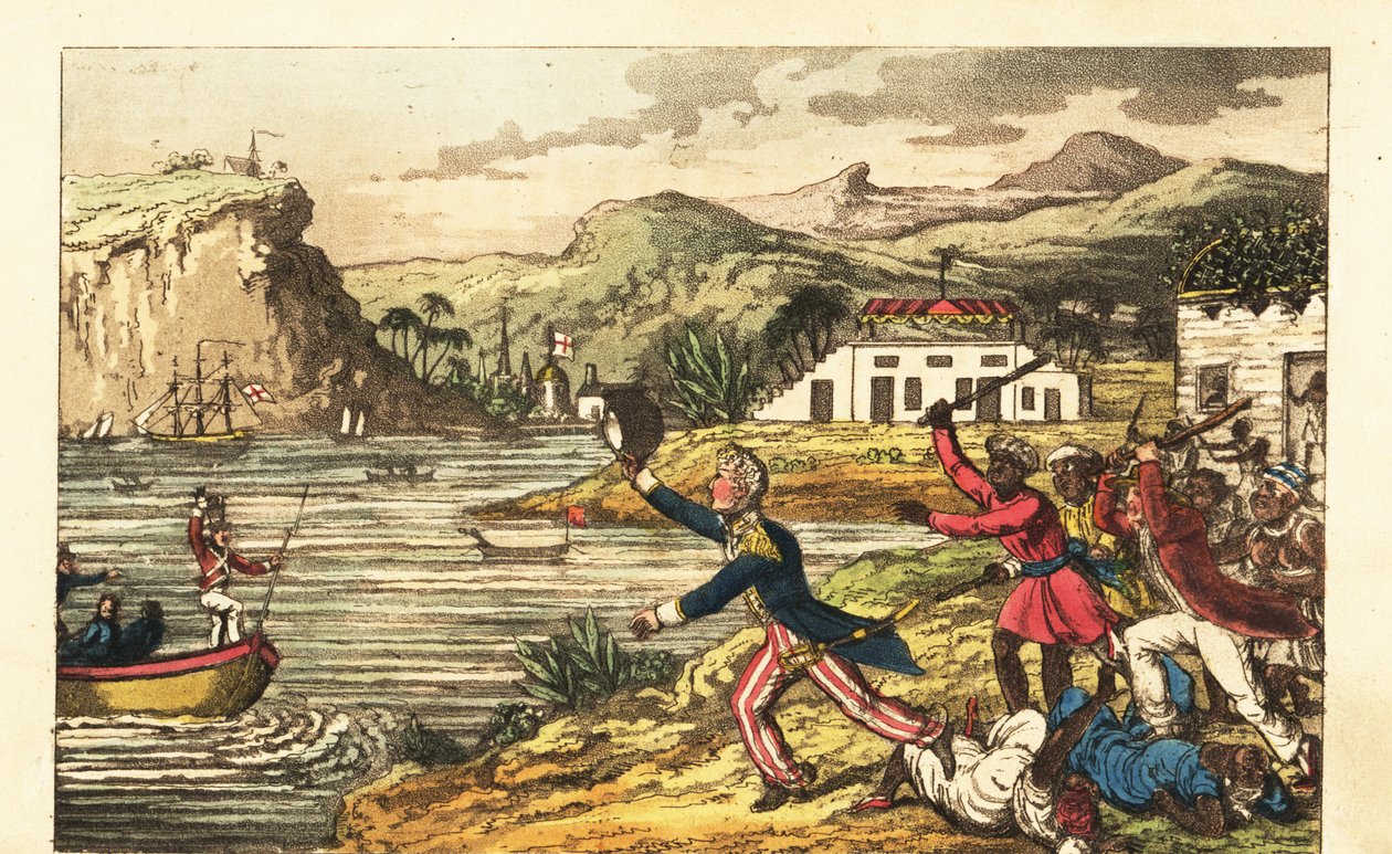 Engelsk flådeofficer flygter fra en vred Massa-plantemaskine og Quashee-slavede mænd, der laver kæledyr i Jamaica af Charles (c.1797 1850) (after) Williams