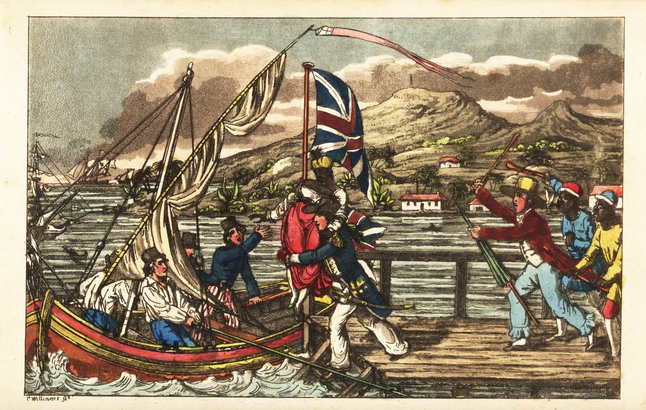 Engelsk flådeofficer kidnapper en slaveret kvinde på Barbados Pier, forfulgt af sin ejermand og plantagearbejdere af Charles (c.1797 1850) (after) Williams