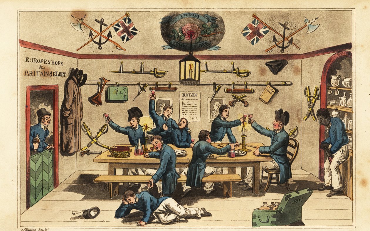Johnny Newcome bringer rom til sine officerer i midtskibsmandens messe af Charles (c.1797 1850) (after) Williams