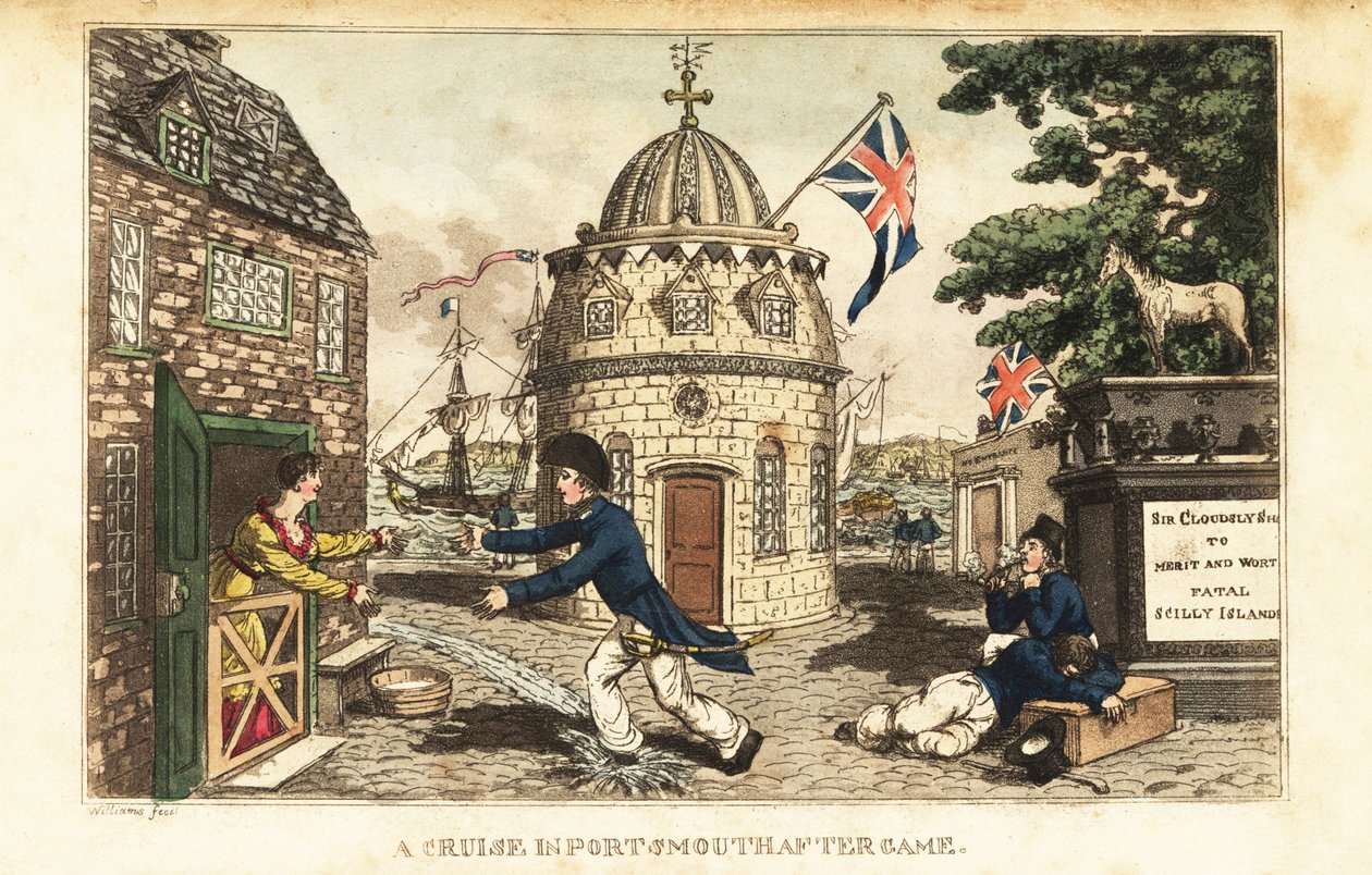 Johnny Newcome på land tager afsted og besøger Poll Raffle, en prostitueret i Prospect Row af Charles (c.1797 1850) (after) Williams