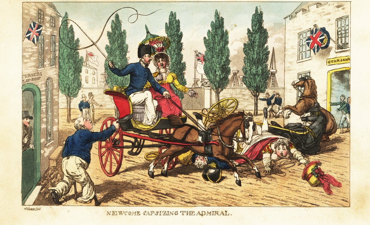 Midshipman Newcome styrter sin koncert ind i admiralens to-hestes vogn i Gosport af Charles (c.1797 1850) (after) Williams